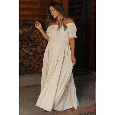 Target Pinkblush Cream Off Shoulder Ruffle Tiered Maternity Maxi Dress Small