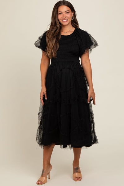 PinkBlush Black Smocked Dotted Tulle Overlay Maternity Midi Dress