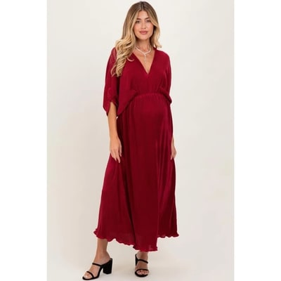 Target Pinkblush Burgundy Pleated Satin Dolman Sleeve Maternity Maxi Dress Small