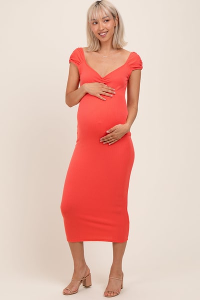 PinkBlush Coral Ribbed Cinched Sleeve Maternity Midi Dress