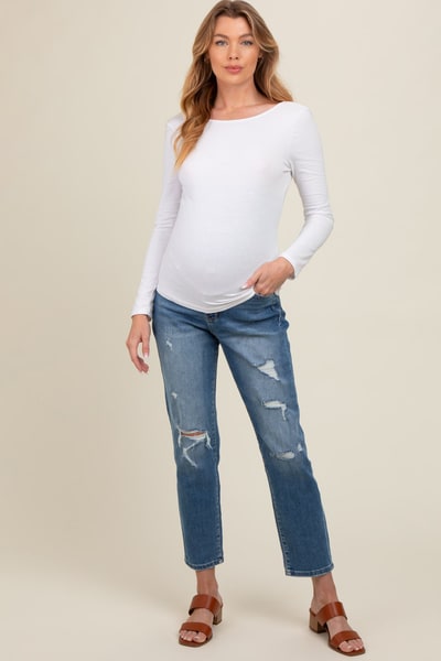 PinkBlush Blue Distressed Open Knee Cropped Straight Leg Maternity Jeans