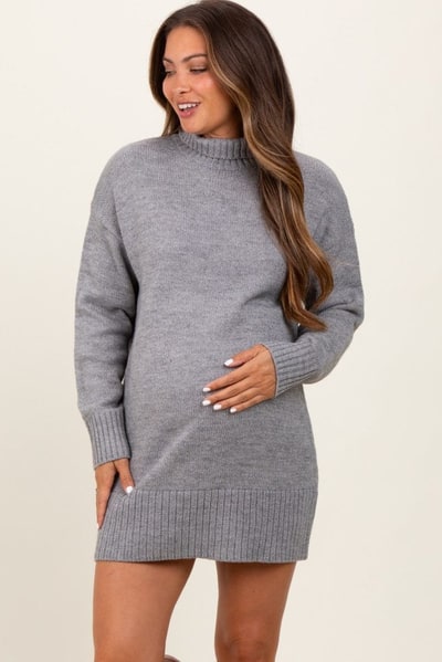 PinkBlush Heather Grey Turtle Neck Maternity Mini Sweater Dress