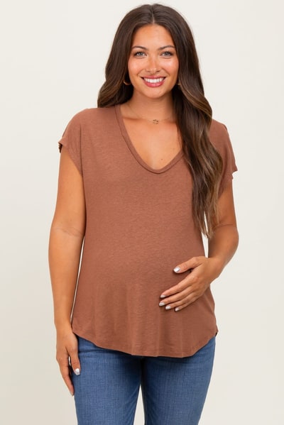 PinkBlush Dark Camel V-Neck Maternity Top
