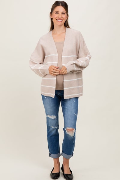 PinkBlush Taupe Striped Oversized Maternity Cardigan