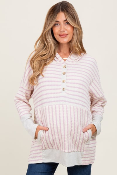 PinkBlush Light Pink Textured Stripe Button Up Maternity Hoodie