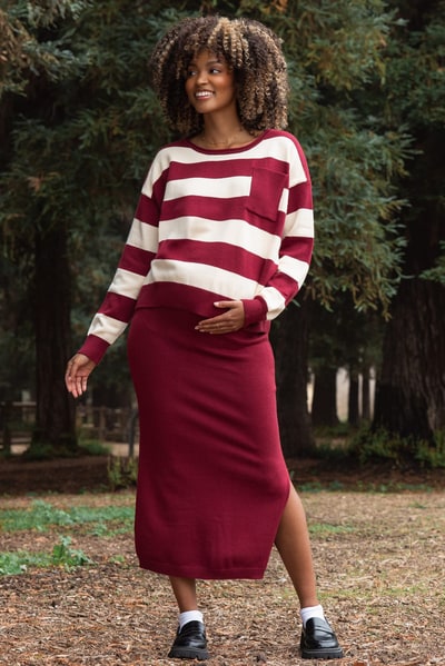PinkBlush Burgundy Striped Sweater And Fitted Midi Skirt Maternity Set
