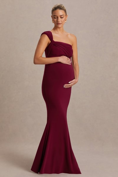 Club L London Mila | Burgundy Asymmetric-Neck Maternity Maxi Dress
