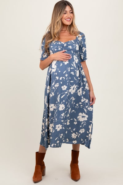 PinkBlush Light Navy Floral Sweetheart Neckline Maternity Midi Dress