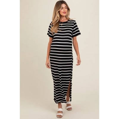 Target Pinkblush Black Striped Side Slit Maternity Maxi Dress Medium