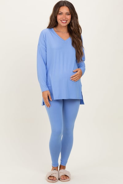 PinkBlush Cornflower Blue Brushed Knit Maternity Oversized Top and Legging Set