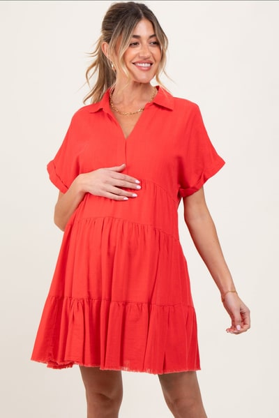 PinkBlush Coral Tiered Linen Maternity Dress
