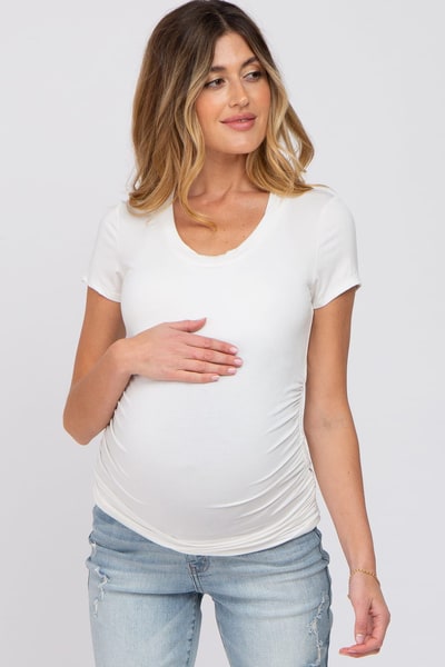 PinkBlush White Basic Short Sleeve Maternity Fitted Top