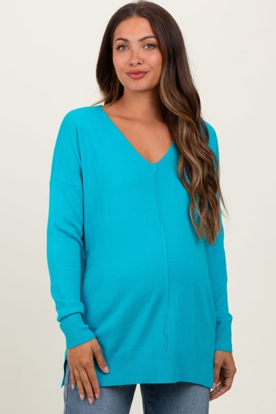 PinkBlush Jade Front Seam V-Neck Side Slit Maternity Sweater