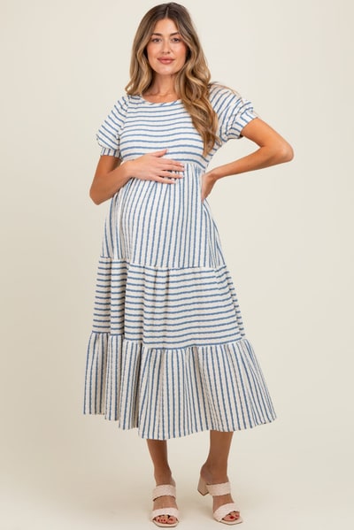 PinkBlush Cream/Blue Striped Short Sleeve Tiered Maternity Maxi Dress