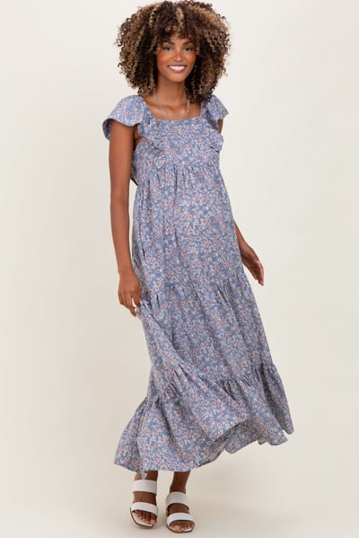PinkBlush Blue Floral Ruffle Sleeve Maternity Maxi Dress