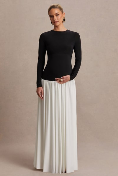 Club L London Monroe | Black And White Crew-Neck Maternity Maxi Dress With Drop-Waist