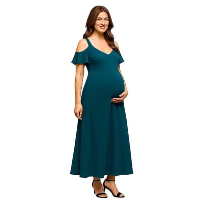 Target 24seven Comfort Apparel Maternity Cold Sholder Ruffle Sleeve A Line Maxi Dress-Teal-1X