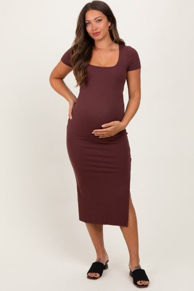 PinkBlush Brown Ribbed Short Sleeve Side Slit Maternity Midi Dress