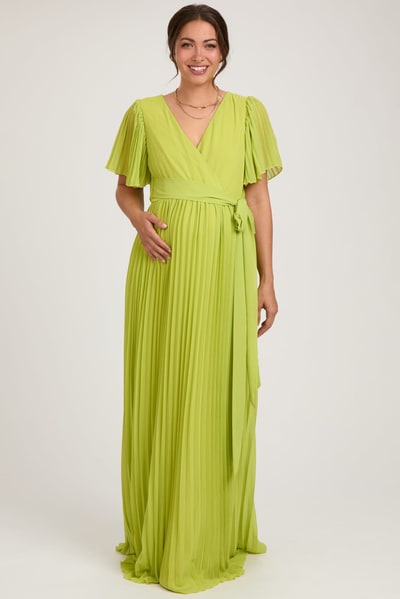 PinkBlush Lime Chiffon Wrap Front V-Neck Short Sleeve Pleated Maternity Maxi Dress