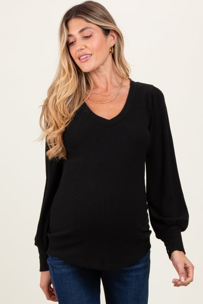 PinkBlush Black Ribbed Knit V-Neck Button Cuff Maternity Top