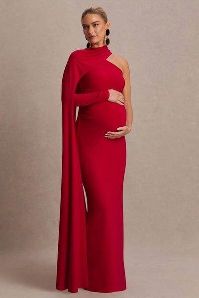 Club L London Tessy | Red Asymmetric-Neck Maternity Maxi Dress With Cape-Sleeve