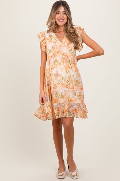 PinkBlush Orange Floral Chiffon Ruffle Short Sleeve Maternity Dress