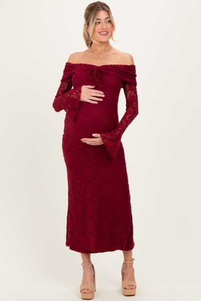 PinkBlush Burgundy Lace Off Shoulder Maternity Maxi Dress