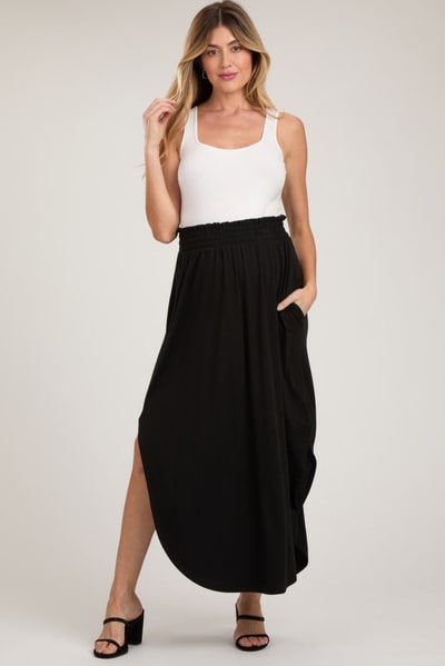 PinkBlush Black Smocked Rounded Hem Maternity Maxi Skirt