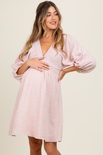 PinkBlush Mauve Striped Balloon Sleeve V-Neck Maternity Dress
