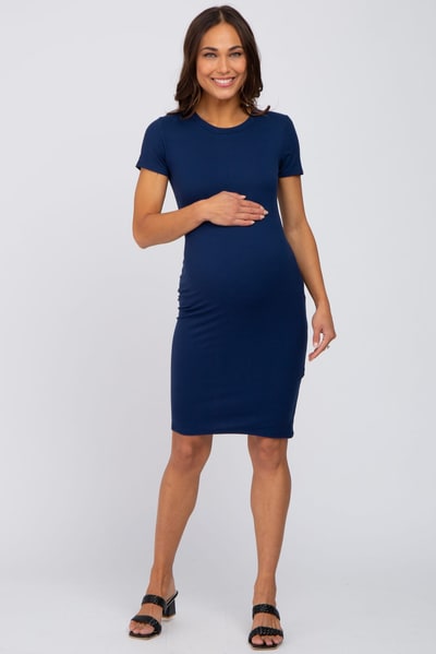 PinkBlush Navy Blue Ribbed Fitted Maternity Dress