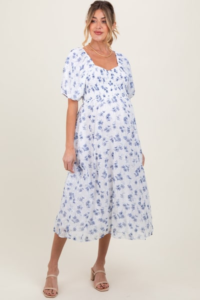 PinkBlush Blue Floral Smocked Bodice Maternity Midi Dress