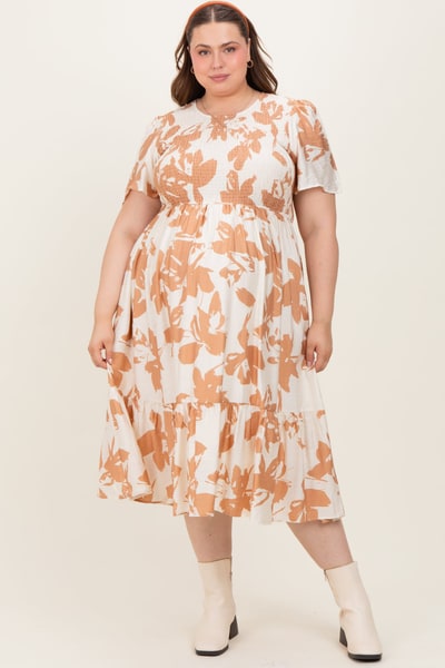 PinkBlush Cream Floral Smocked Short Sleeve Maternity Plus Midi Dress