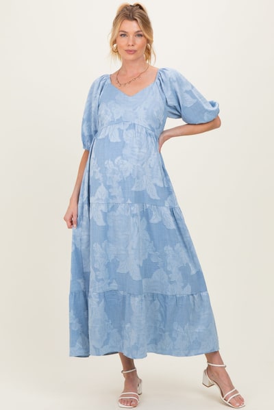 PinkBlush Light Blue Floral Textured Tiered Midi Maternity Dress