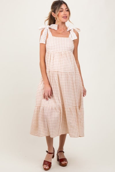 PinkBlush Camel Gingham Lace Trim Shoulder Tie Maternity Maxi Dress