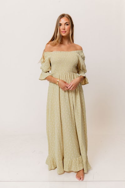 Worth Collective Sienna 100% Cotton Puff Sleeve Maxi Dress in Green Haze Foliage  - Bump Friendly