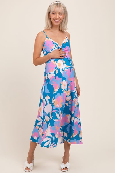 PinkBlush Blue Floral O-Ring Maternity Midi Dress