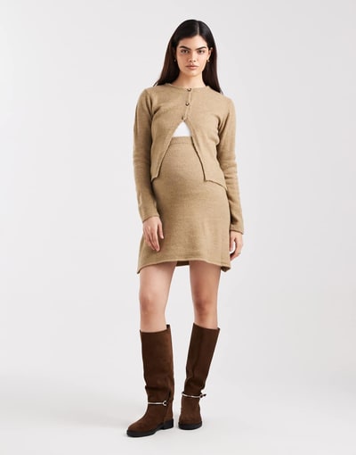 ASOS Mamalicious Maternity knit over the bump mini skirt in warm beige - part of a set