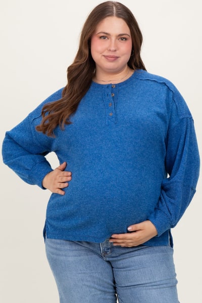 PinkBlush Light Navy Oversized Ribbed Knit Henley Maternity Plus Sweater