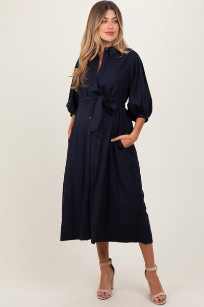 PinkBlush Navy 3/4 Bubble Sleeve Maternity Midi Shirt Dress