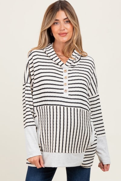 PinkBlush Cream Textured Stripe Button Up Maternity Hoodie