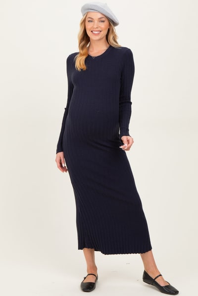 PinkBlush Navy Ribbed Knit Fitted Maternity Midi Sweater Dress
