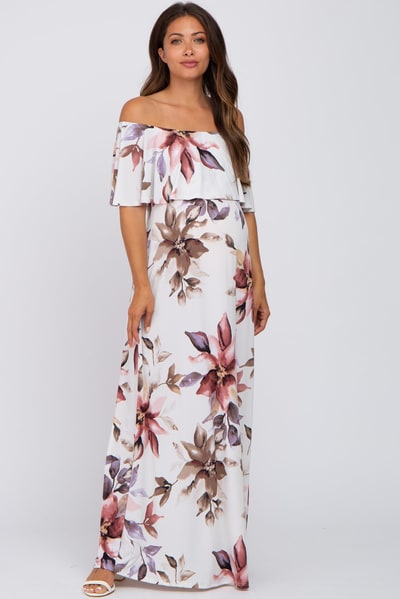 PinkBlush Ivory Floral Off Shoulder Maternity Maxi Dress