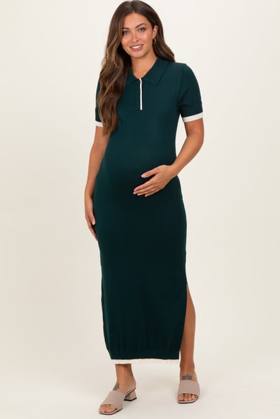 PinkBlush Dark Green Sweater Side Slit Maternity Midi Dress