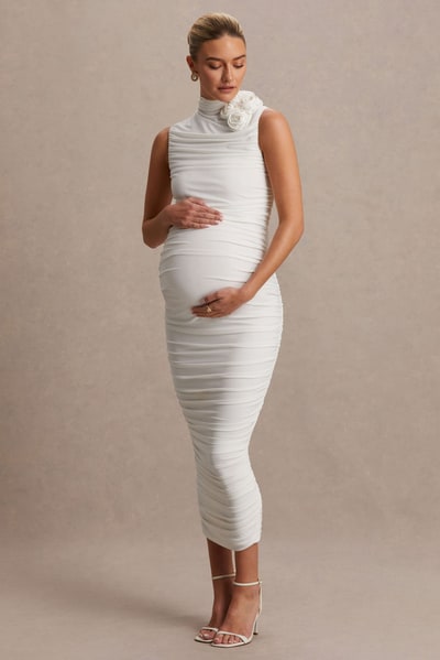 Club L London Shellie | White High-Neck Maternity Midi Dress With Corsage Detail