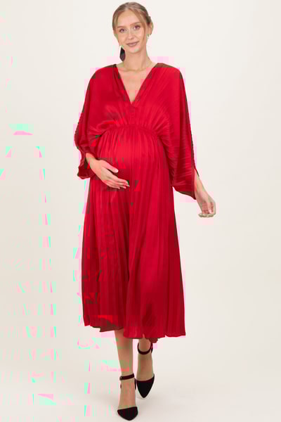 PinkBlush Red Satin Pleated V-Neck Maternity Maxi Dress