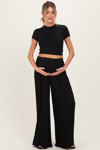 PinkBlush Black Short Sleeve Crop Top Wide Leg Pant Maternity Set