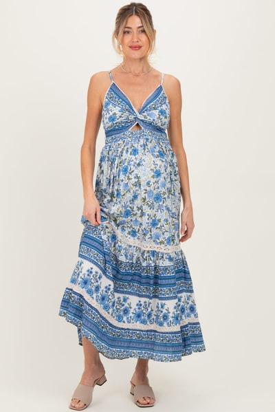 PinkBlush Blue Floral Twist Cutout Maternity Maxi Dress