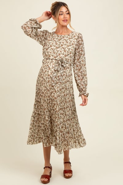 PinkBlush Cream Floral Chiffon Long Sleeve Pleated Maternity Midi Dress