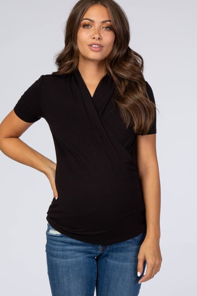 PinkBlush Black Solid Short Sleeve Wrap Front Maternity/Nursing Top