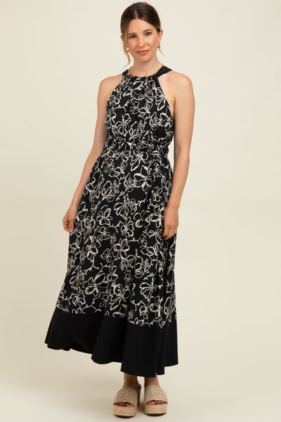 PinkBlush Black Floral Bow Tie Sleeveless Maternity Midi Dress